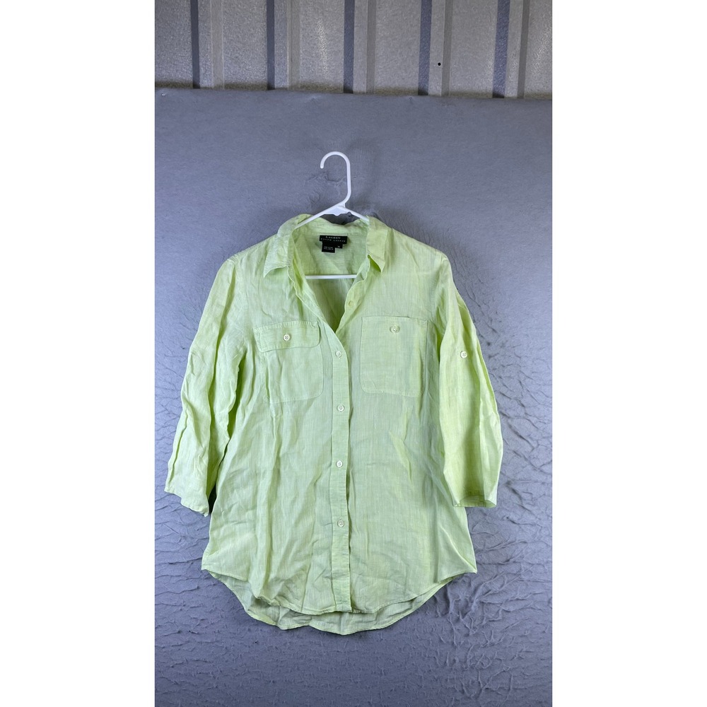 Lauren Ralph Lauren Button Down Men M Green Excellent Linen 3/4 Sleeve Pocket